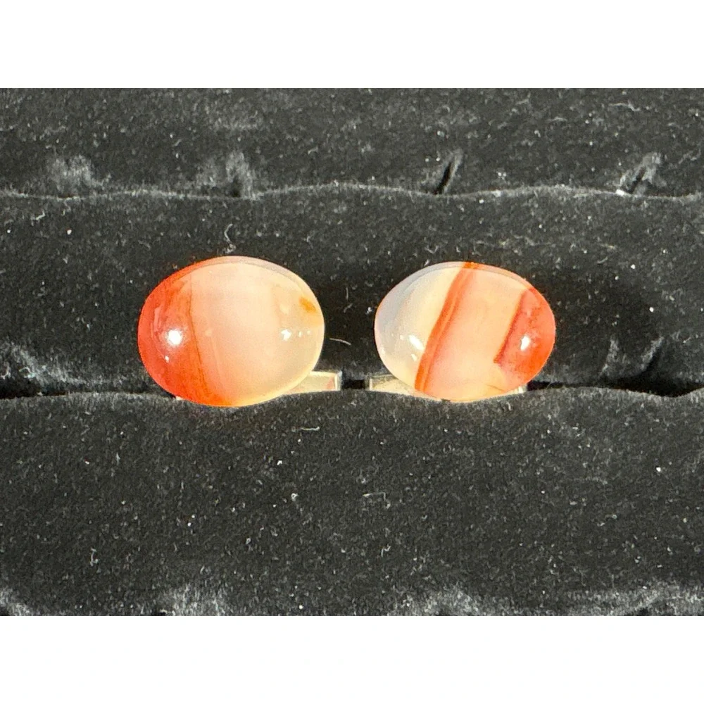 Vintage Carnelian Agate Banded Stone Cufflinks Orange White Oval Silver Tone